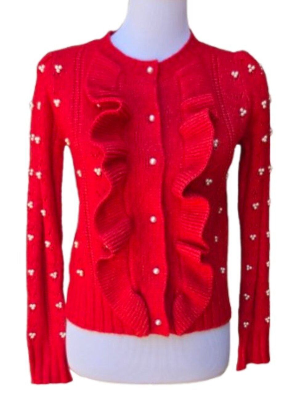 Industry Red Pearl Embellished Cardigan Sweater NWT Ruffle Preppy Girly Feminine